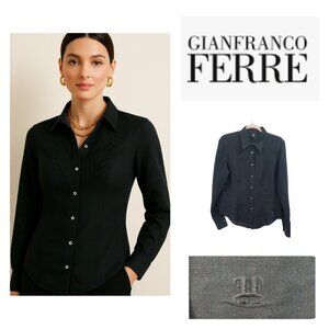 Gianfranco Ferre Vintage Black Shirt, 100% lino Long Sleeves Button Blouse